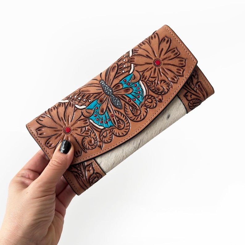 Western Cowhide Leather Wallet - Hand Tooled Wristlet Clutch Purse