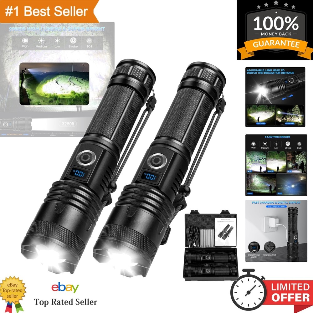 Powerful LED Flashlight Set with Digital Display - 990000 Lumens & Weatherproof