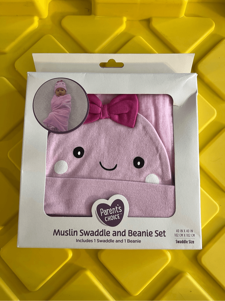 Soft 100% Cotton Muslin Swaddle and Beanie Baby Gift Set