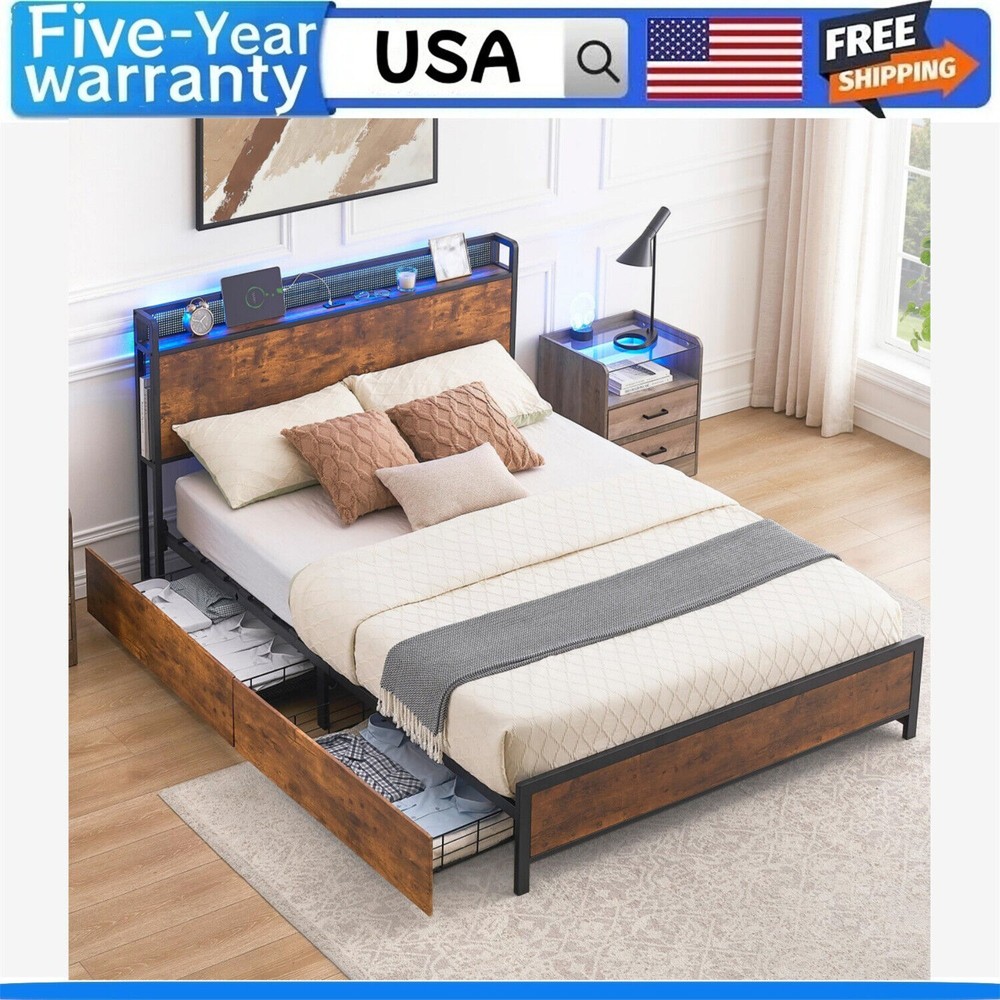 FULL Size Bed Frame with 4 Drawers RGB Lights and Charging Station Headboard