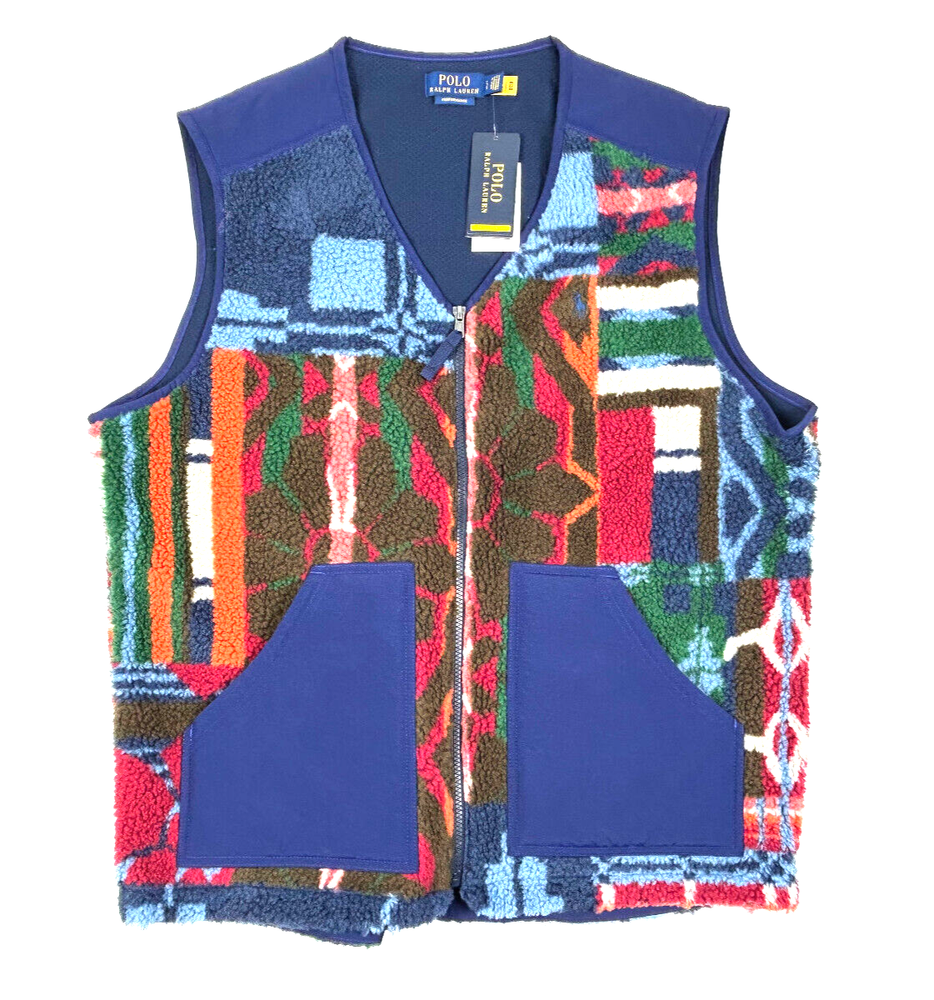 Polo Golf Ralph Lauren Vest Large Fleece Sherpa Patchwork Blue Hybrid V Neck