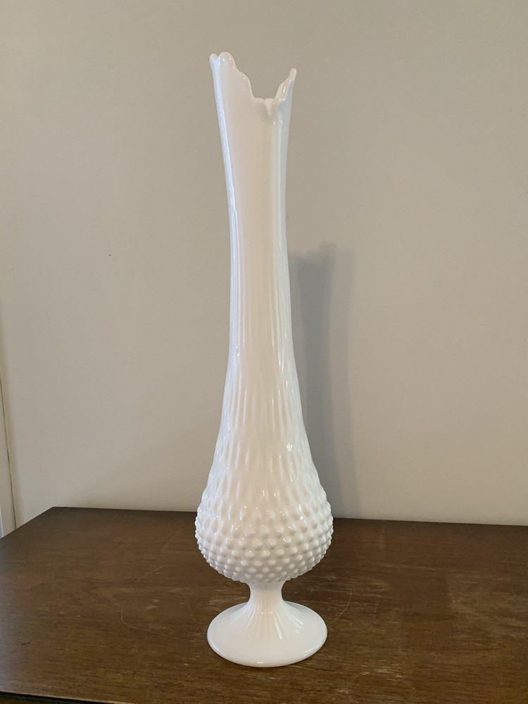 Fenton 19-inch Vintage Milk Glass Hobnail Swung Pedestal Vase 1960s