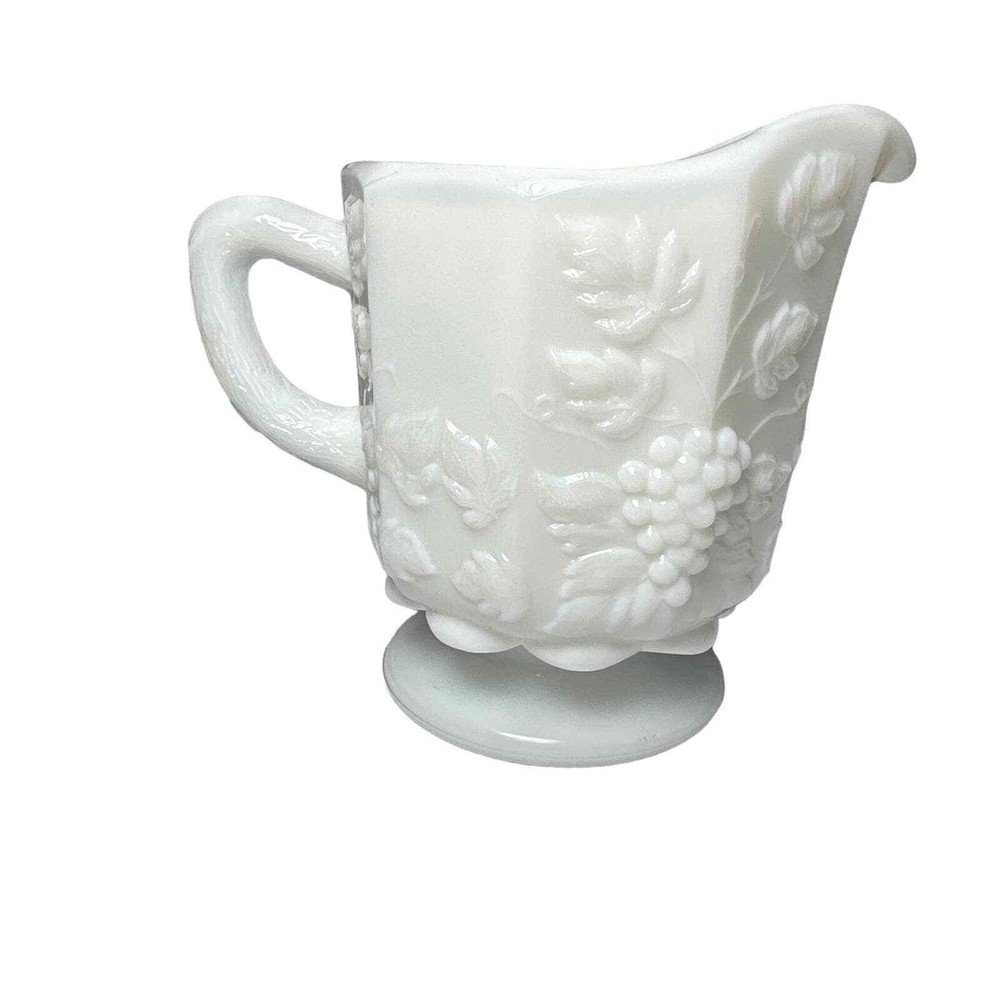 Westmoreland Milk Glass Creamer Pitcher with Embossed Leaf and Grape Design