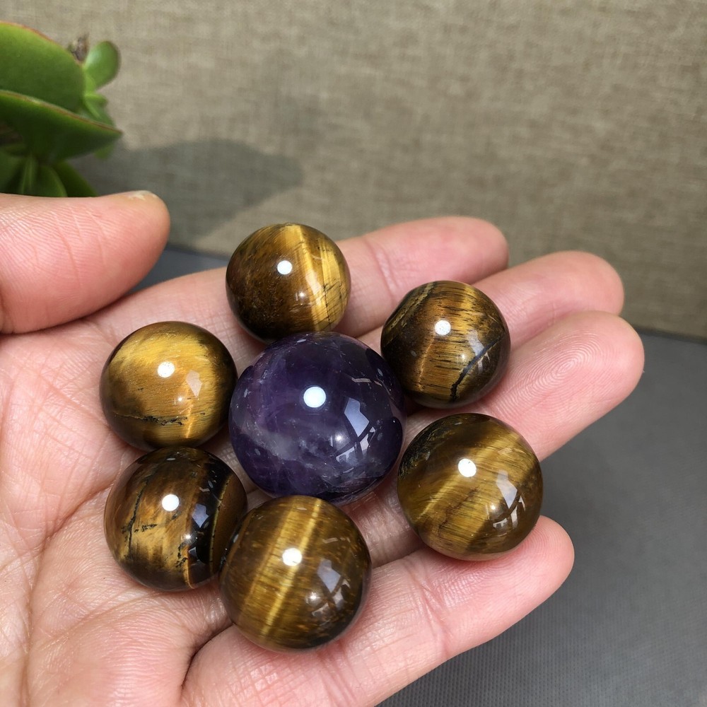 7Pcs Natural Amethyst & Yellow Tiger Eye Crystal Balls 18-23mm