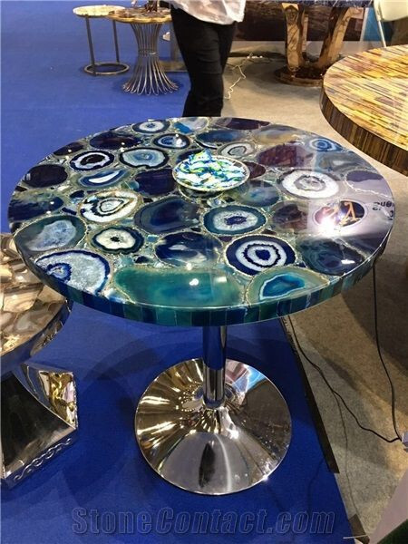Natural Blue Agate Geode Table Top for Console or Coffee Table 15x15 Inches