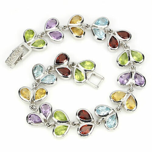 Sterling Silver 2-Row Bracelet with Amethyst Citrine Peridot Garnet Topaz Gemstones  