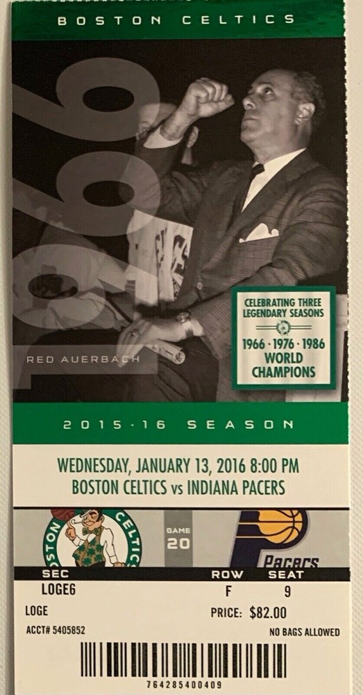Boston Celtics 1/13/2016 NBA ticket stub vs Indiana Pacers