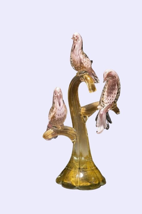 Midcentury Murano Glass Sculpture of Three Birds on a Branch