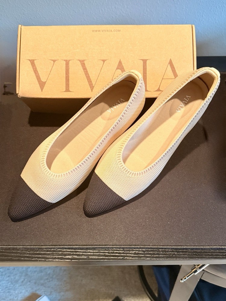 VIVAIA Knit Colorblock Cap Toe Pointed Flats Lightweight Comfort Beige Black