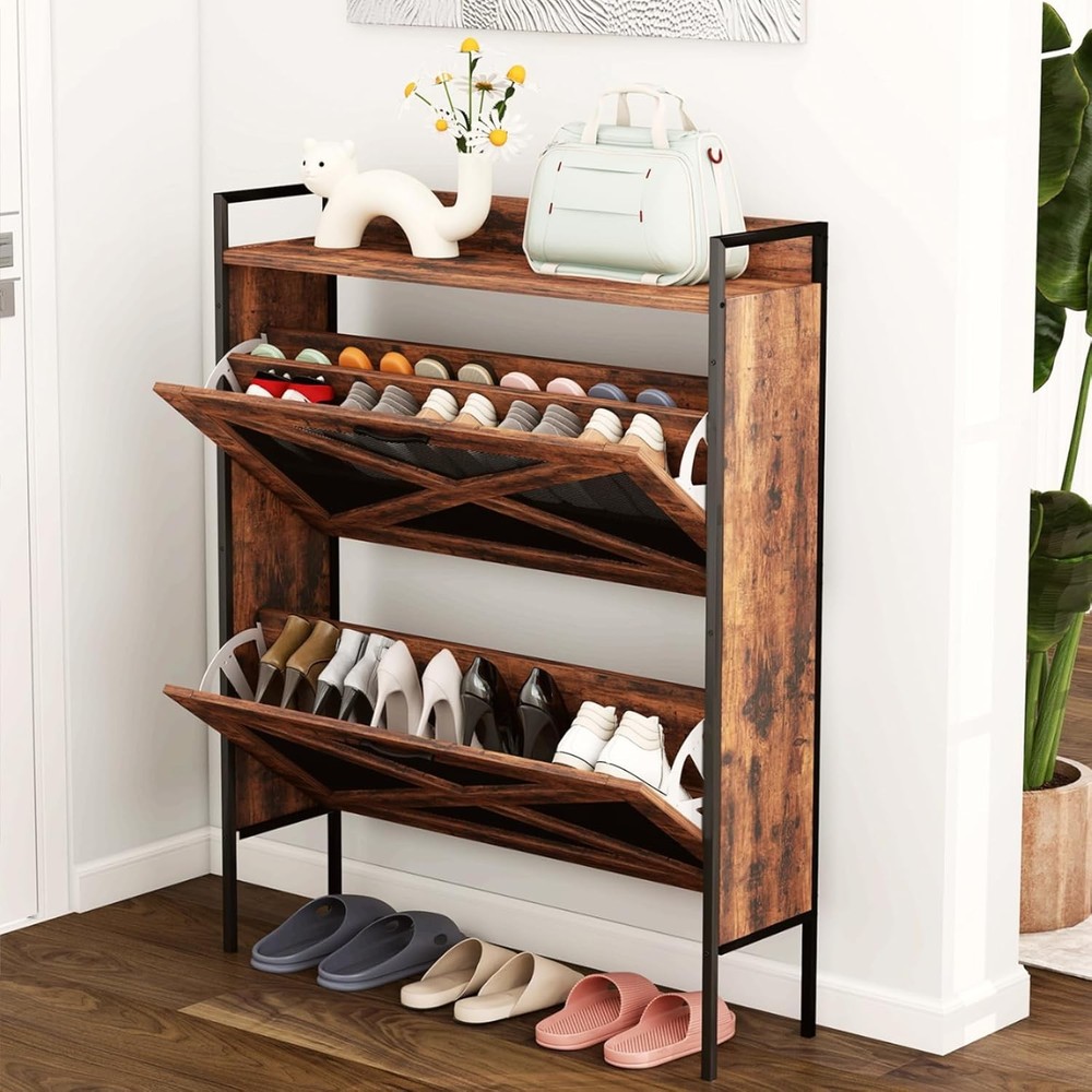 Narrow Wood Shoe Cabinet with 2 Flip Doors for Entryway Storage