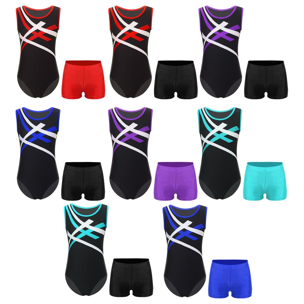 Kid Girl Leotard Sport Boxer Shorts Swimming Bodysuit Round Neck Costume Teens