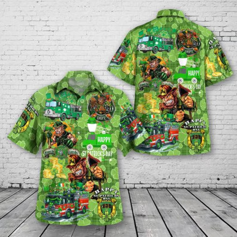 St Patrick's Day Firefighter Hawaiian Shirt Men's Lucky Shamrock Gift