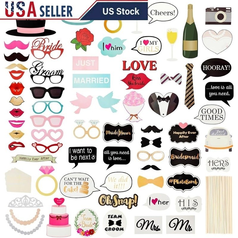 72 Piece Wedding Photo Booth Props Fun Bridal Shower Decor Assorted Props New