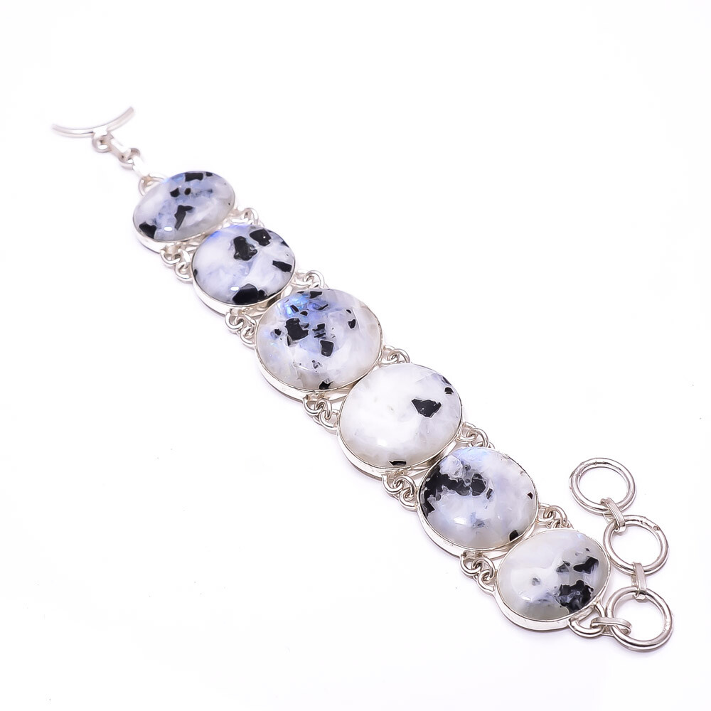Rainbow Moonstone With Black Tourmaline 925 Sterling Silver Bracelet 7.99