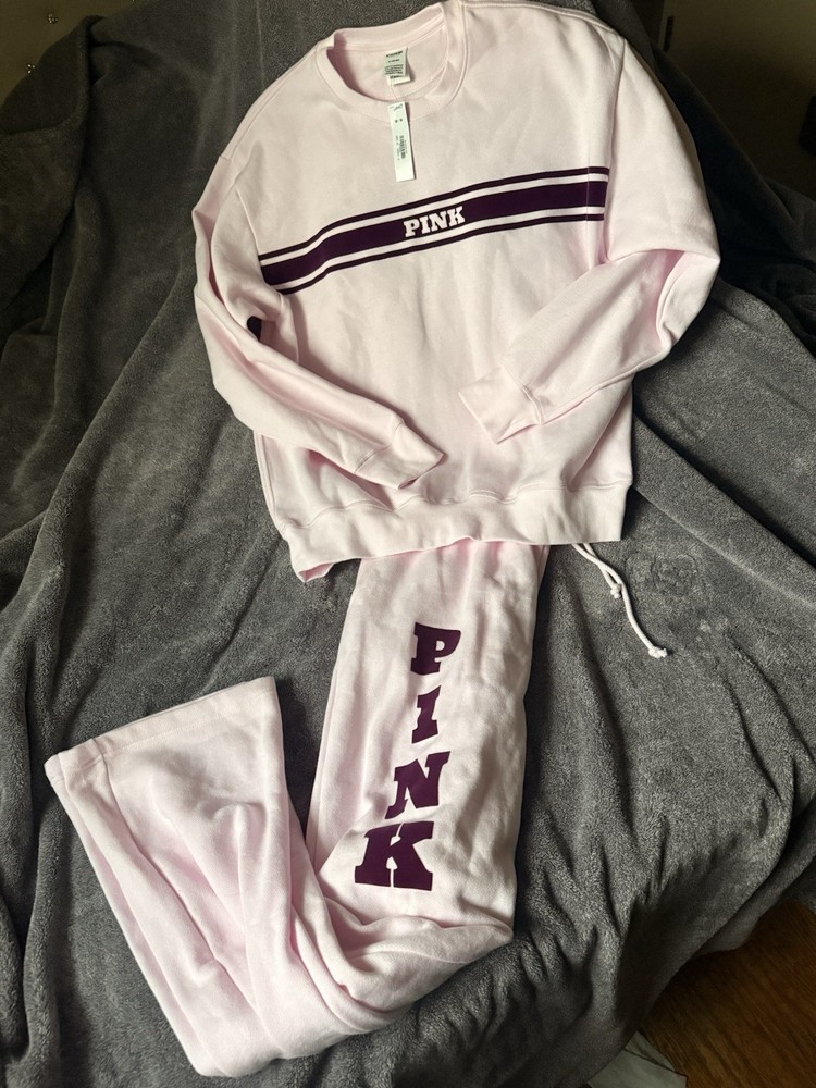 PINK Light Pink Cotton Blend Sweatsuit Set M Women Crew Neck Sweatshirt Pants