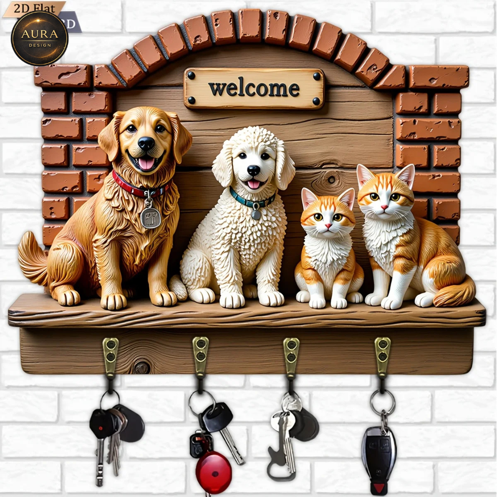 30cm Wall Keychain - Cat and Dog Shape Organizer 2D 4 Hooks Entrance