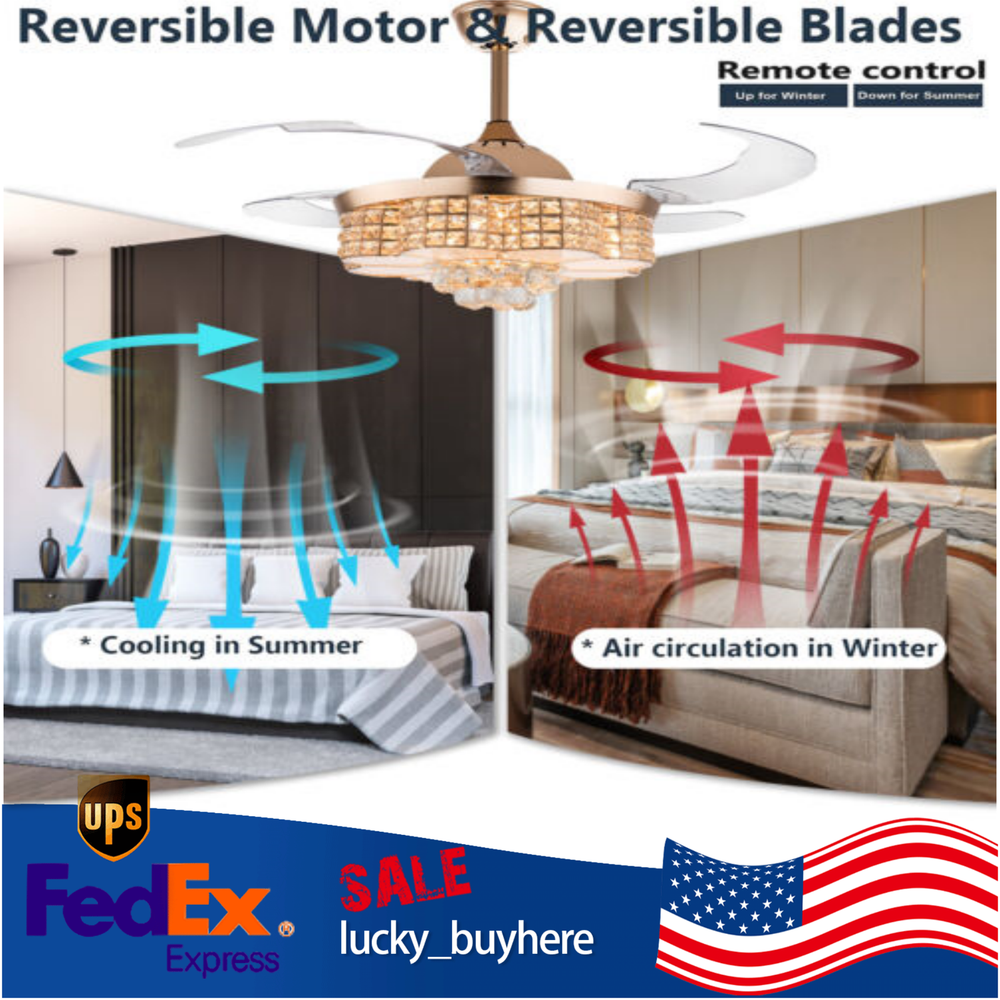 42-Inch Gold Crystal LED Ceiling Fan Light with Remote 6 Speeds 3 Color Temperatures