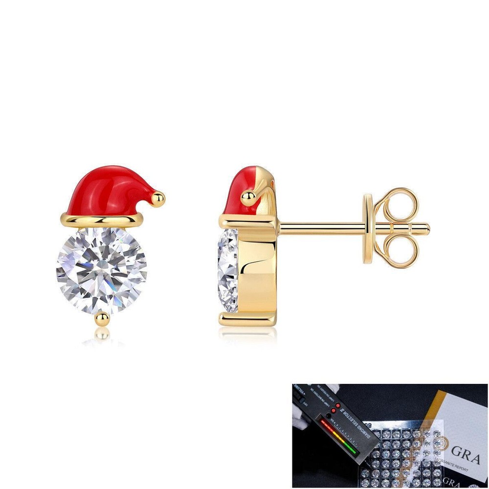 2Ct Round Cut Moissanite Stud Earrings Christmas Hat 925 Silver 14K Gold Plated