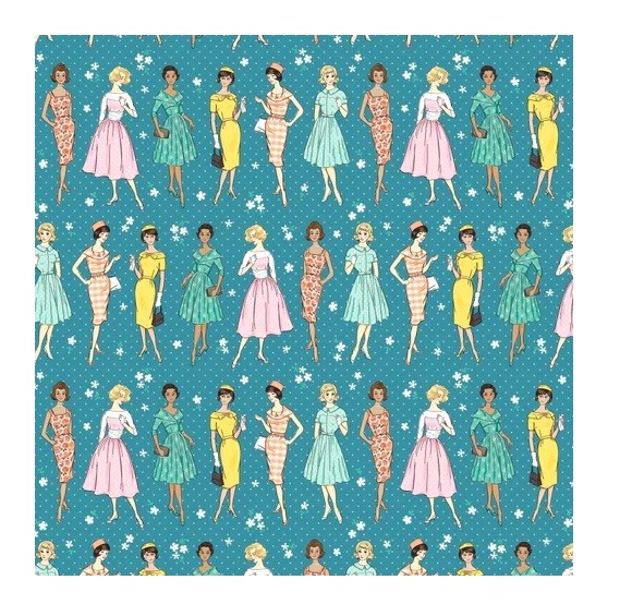 Retro Fabric | Delightful Department Store Lady Teal | Poppie Cotton YARD