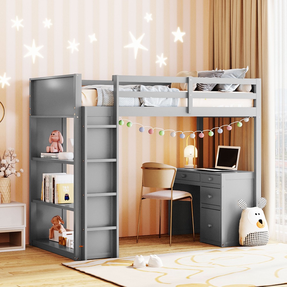 Twin/Full Loft Bed with Built-In Desk Storage Shelves and Ladder  -image
