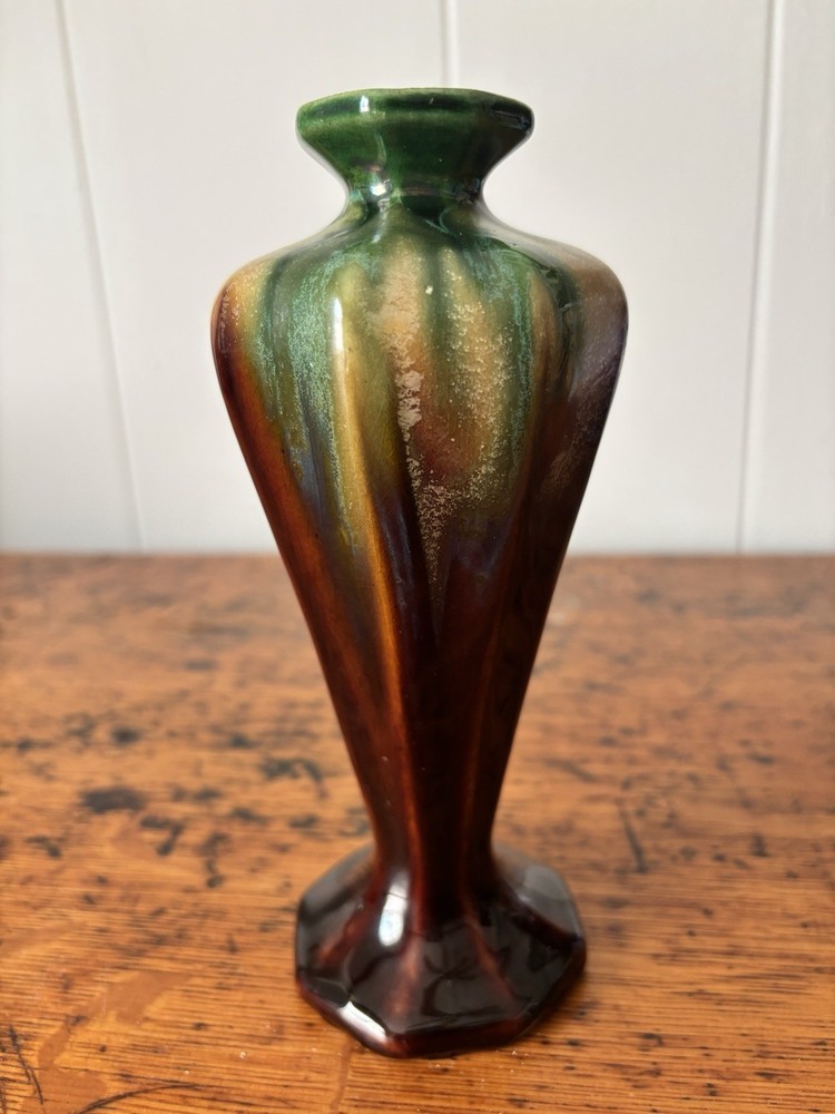 Vintage Thulin Belgium Studio Art Pottery Vase Green Brown 8 Inch Arts & Crafts