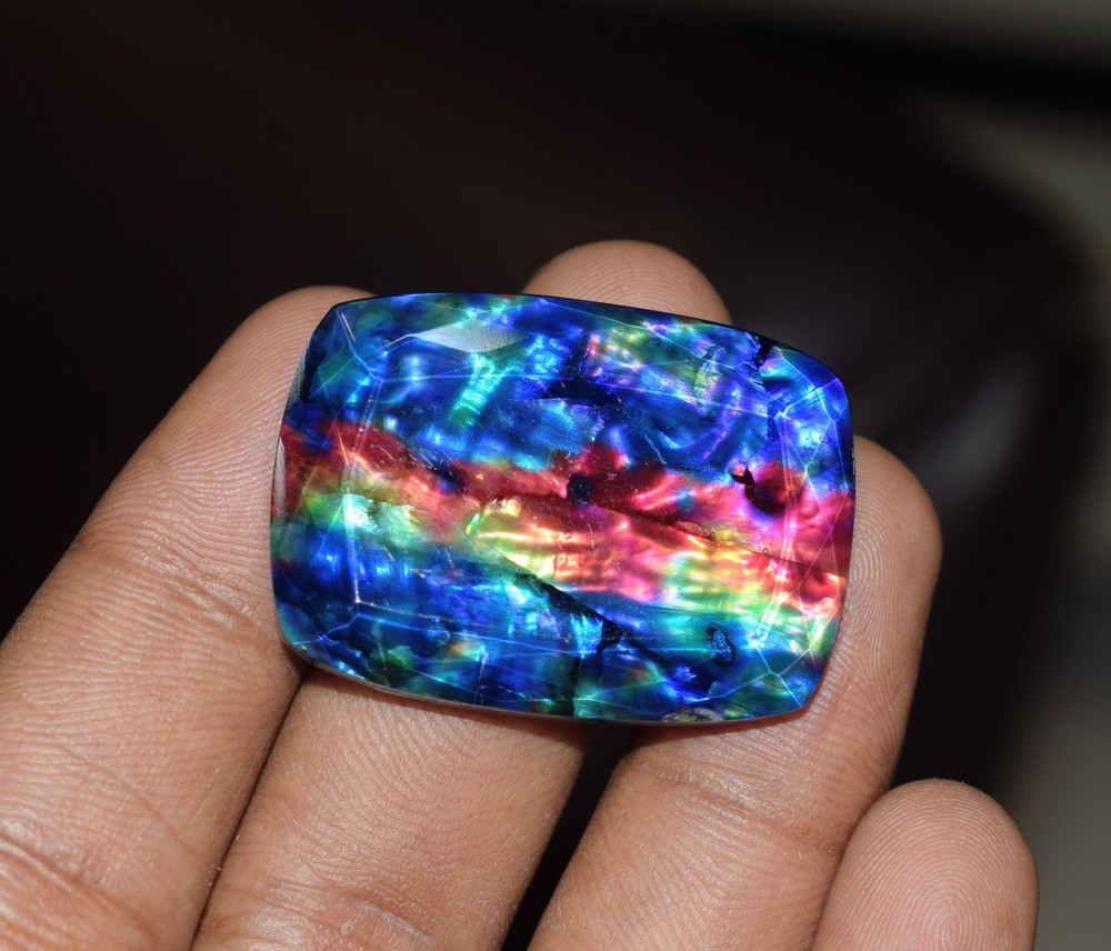 59.60 Ct Certified Natural Canadian Ammolite Opal Doublet Cushion Cut Gemstone