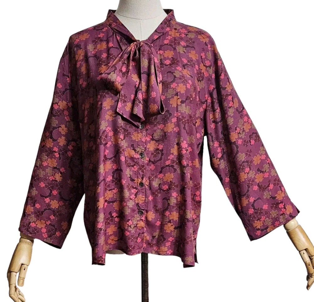 GUDRUN SJODEN Beautiful Viscose Blouse, Shirt with a Bow in a Floral Print XL