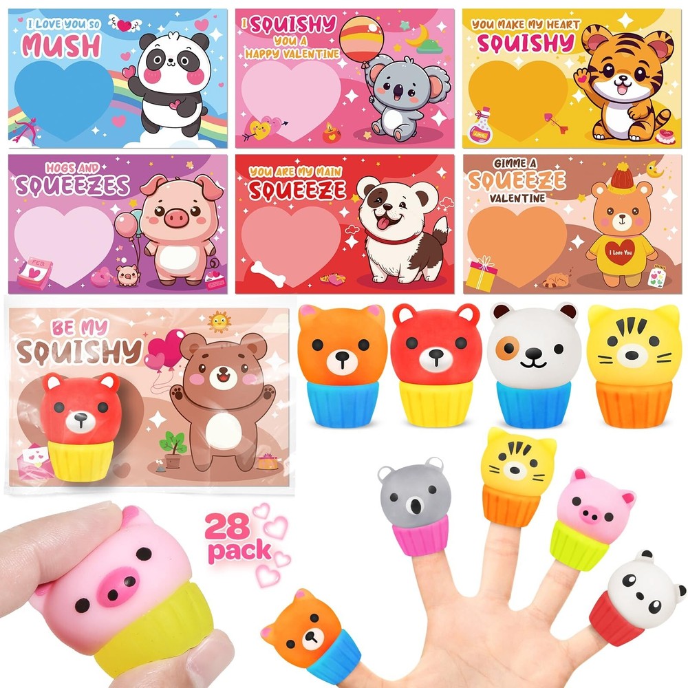 28-Pack Kawaii Animal Squeeze Toys - Fun Valentine's Day Gift Cards for Kids