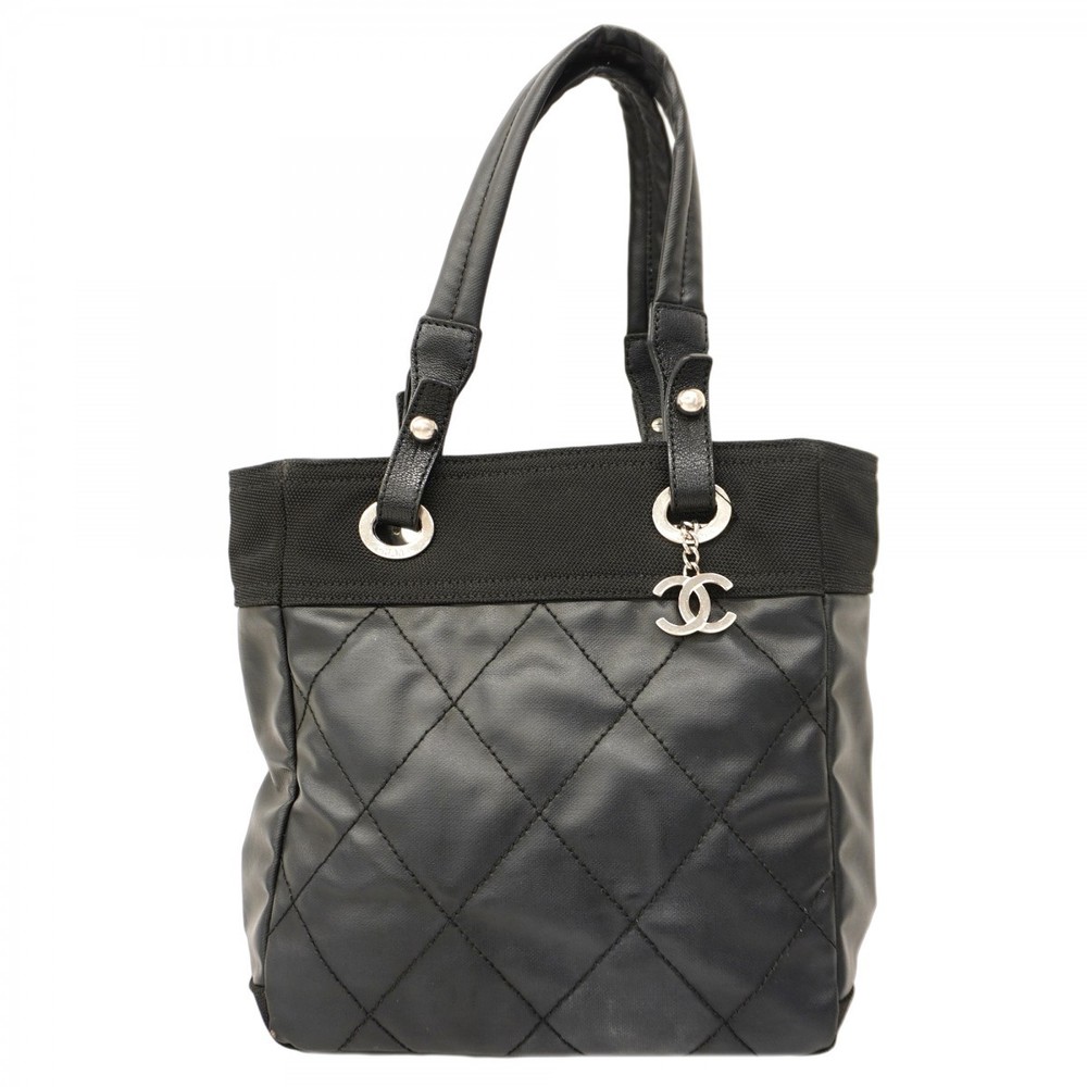 Chanel Paris Biarritz Canvas Tote Bag Black Silver Used Women