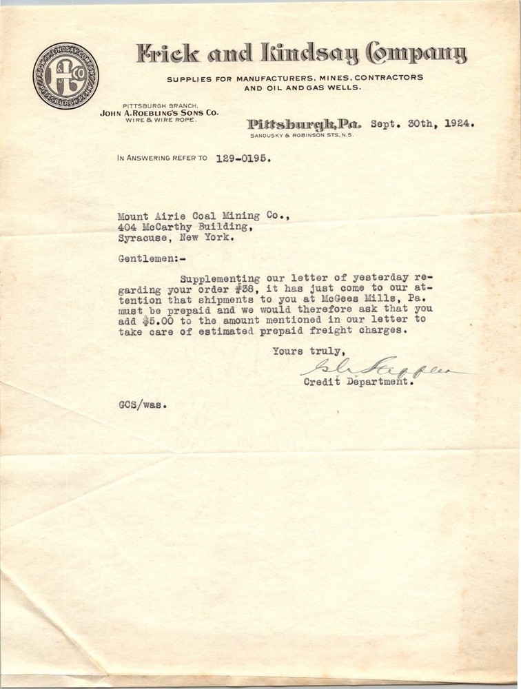 1924 Frick and Lindsay Company Letterhead Pittsburgh PA Mining Ephemera