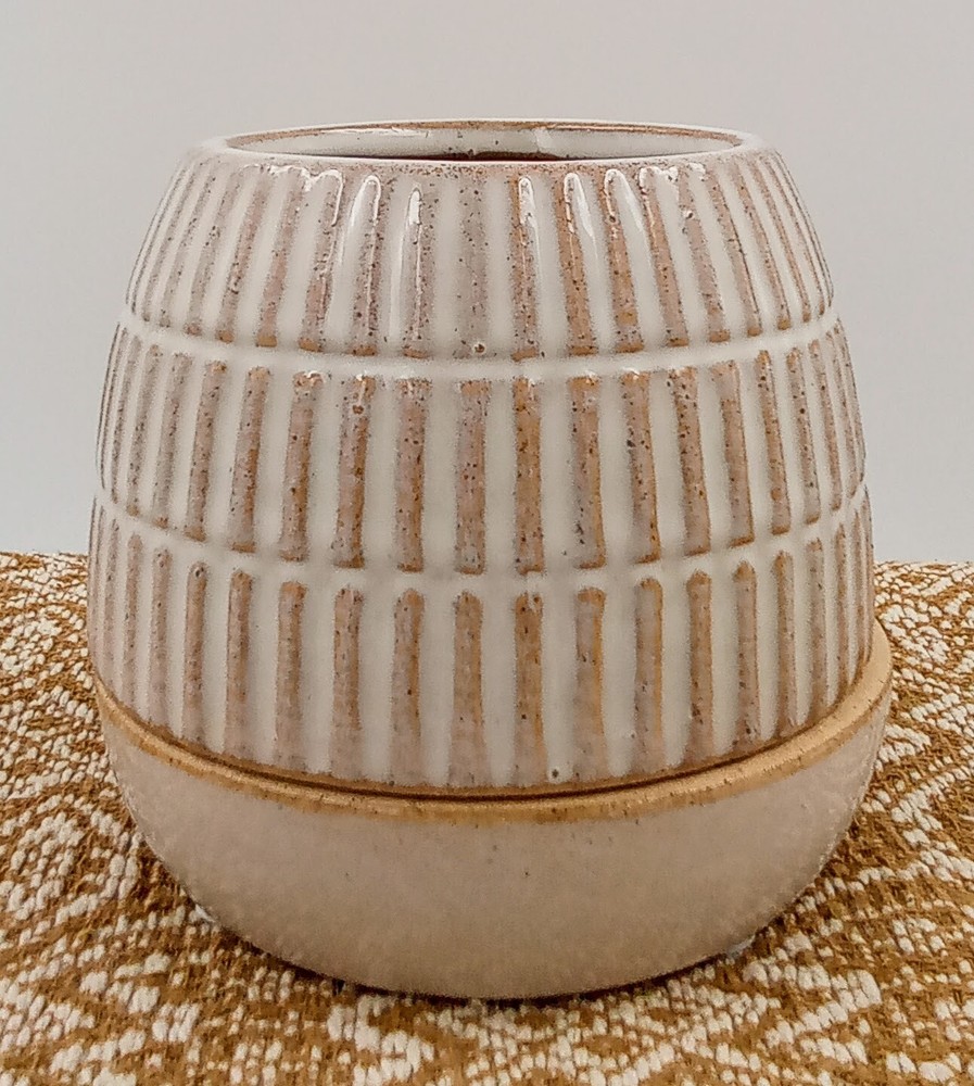 Ceramic Flower or Succulent or Herb Pot & Saucer White with Tan Ridges 3.75