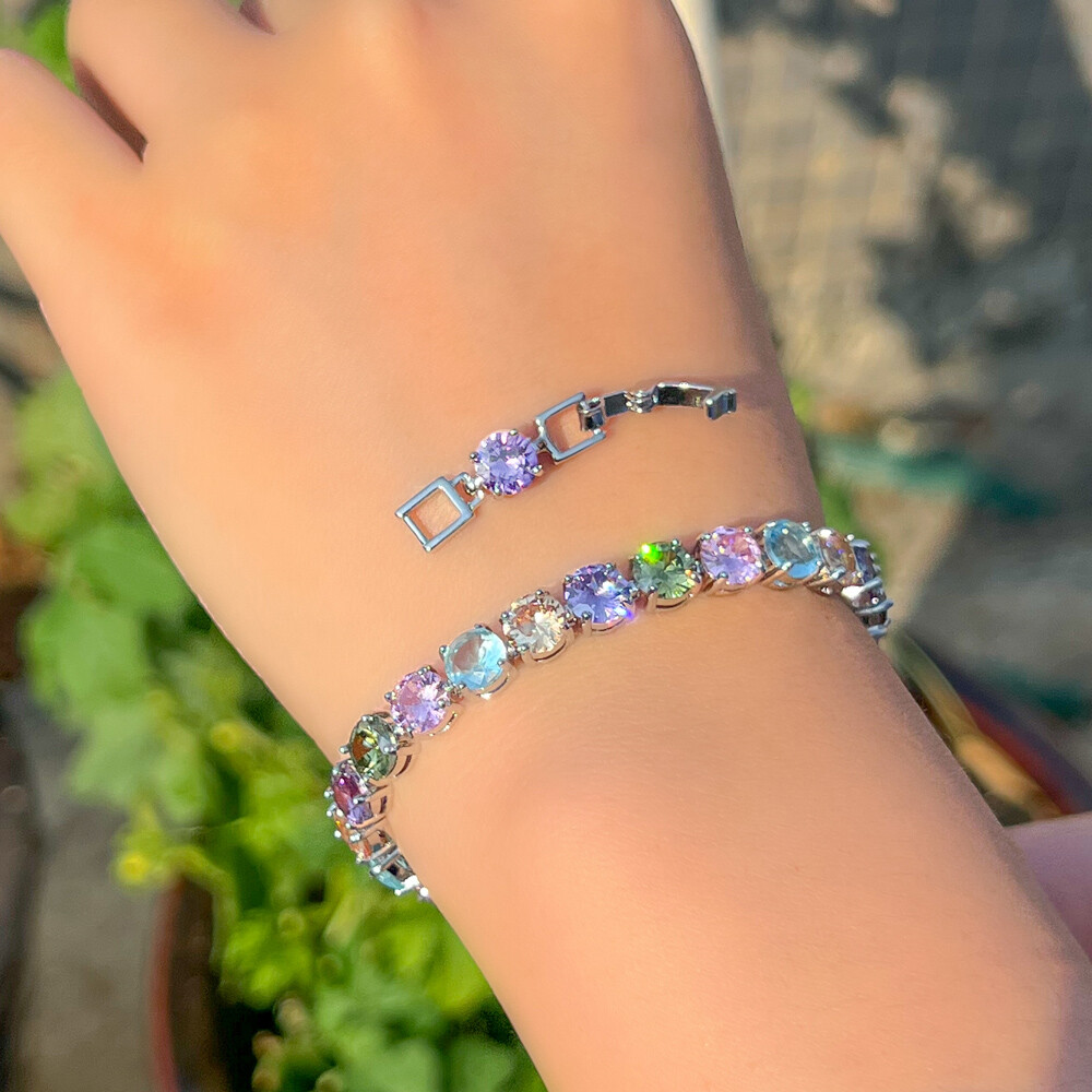 Multicolor CZ Round Tennis Bracelet Bangle Silver Plated for Women Hand Jewelry