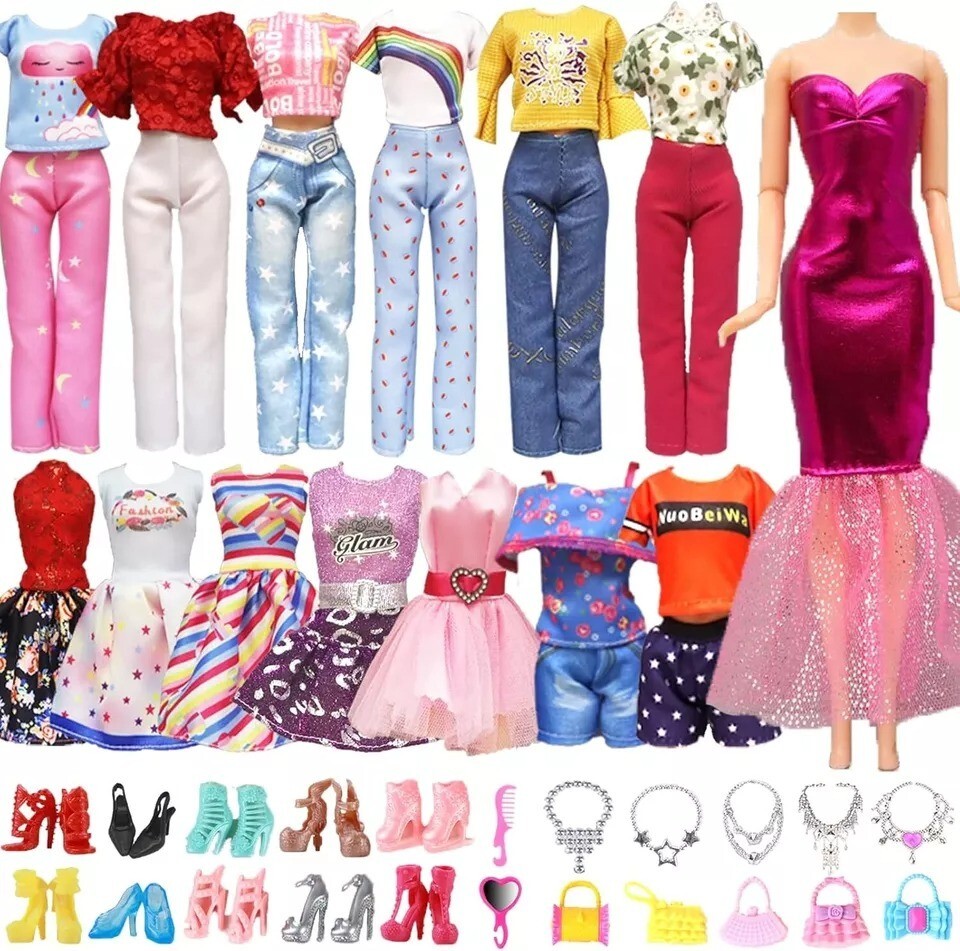 28 PCS Barbie Clothes Doll Fashion Wear Clothing Outfits Dress up Gown Shoes Lot