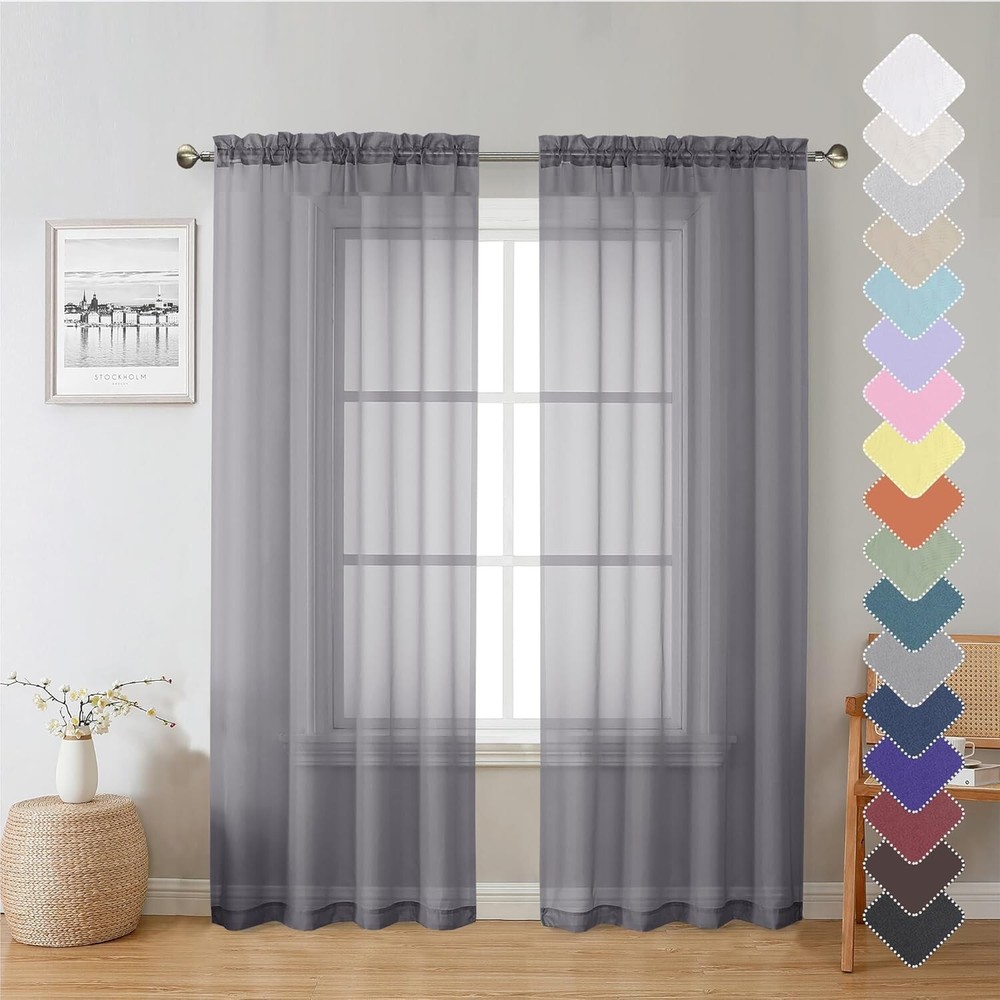 Charcoal Grey Sheer Curtains - 84” Long