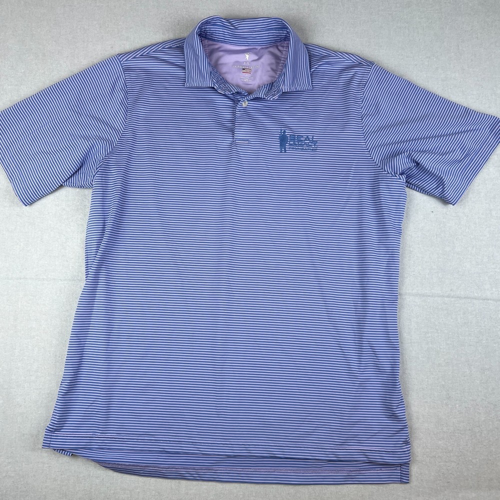 Fairway and Greene Men's Large Blue Strpied Polo Golf Performance Shirt