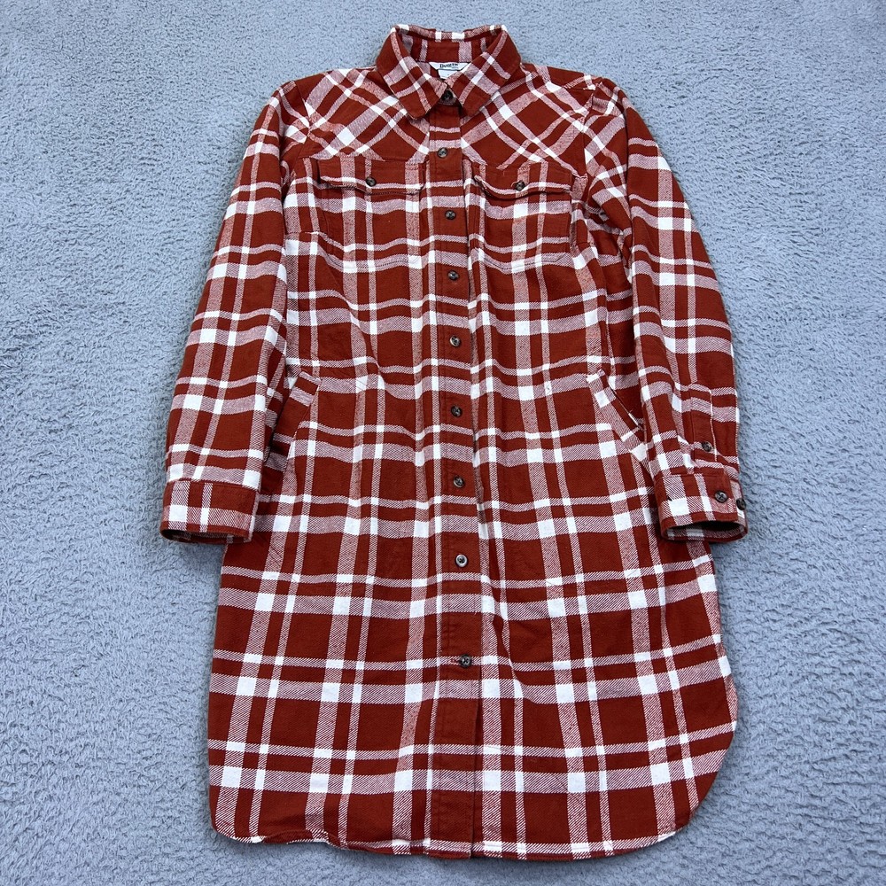Duluth Women's Folklore Flannel Duster Cider Orange Fall Shacket Button Up Small