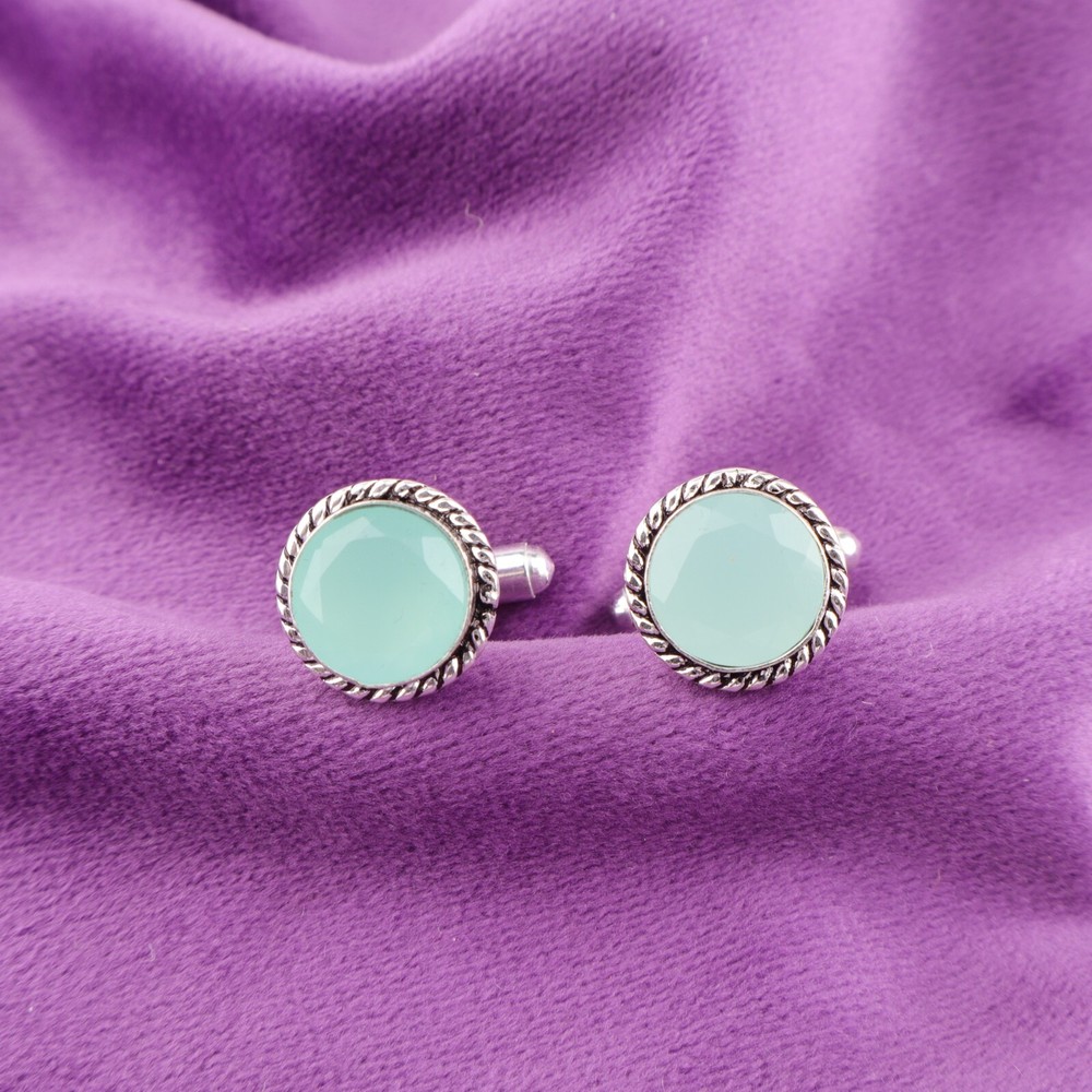 925 Sterling Silver Aqua Chalcedony Gemstone Blue Valentines Cufflinks Jewelry