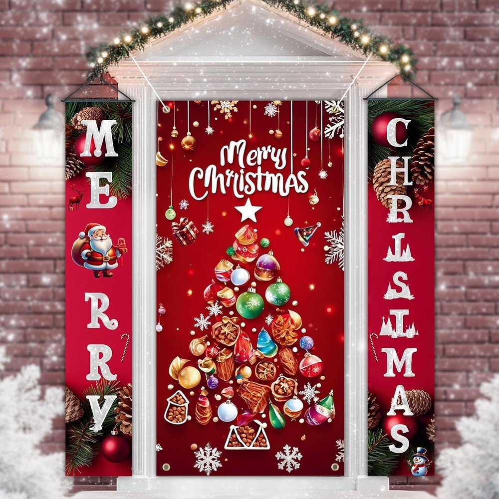 3Pcs Christmas Tree Door Cover and Christmas Door Banners Set, Santa Claus Merry