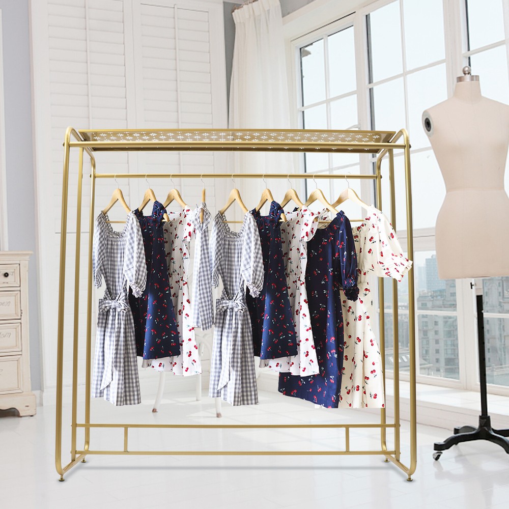 Golden Metal Double Rod Garment Rack for Retail Clothing Display