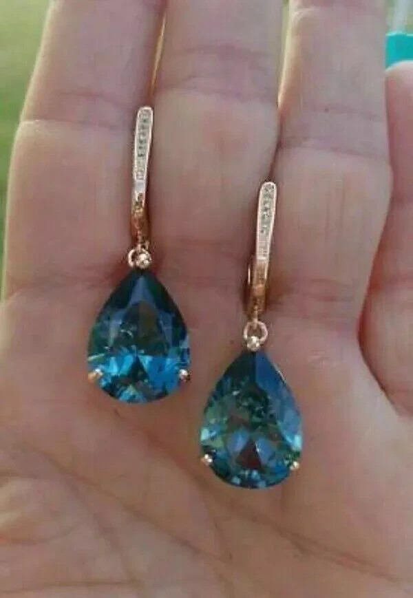 4Ct Pear Cut Blue Topaz Solitaire Drop/Dangle Earrings 14K Yellow Gold Finish