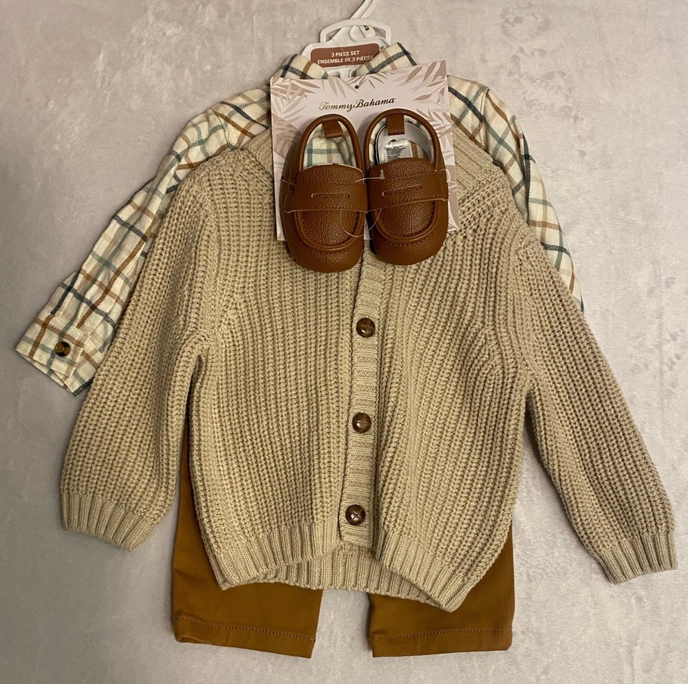 Tommy Bahama Baby Boy’s 4 Piece Set Shirt/Pants/Sweater/Shoes Size 6-9 Months