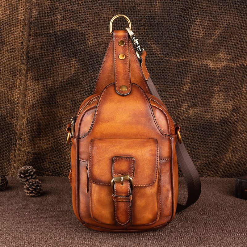 Men's Sling Backpack, 100% Cowhide Leather Vintage Chest Bag Crossbody Daypack