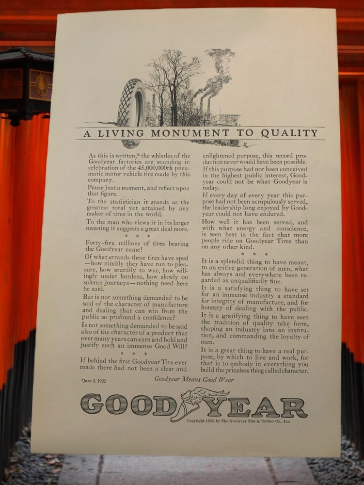 Vintage 1922 Goodyear Living Monument To Quality Ad Advertisement