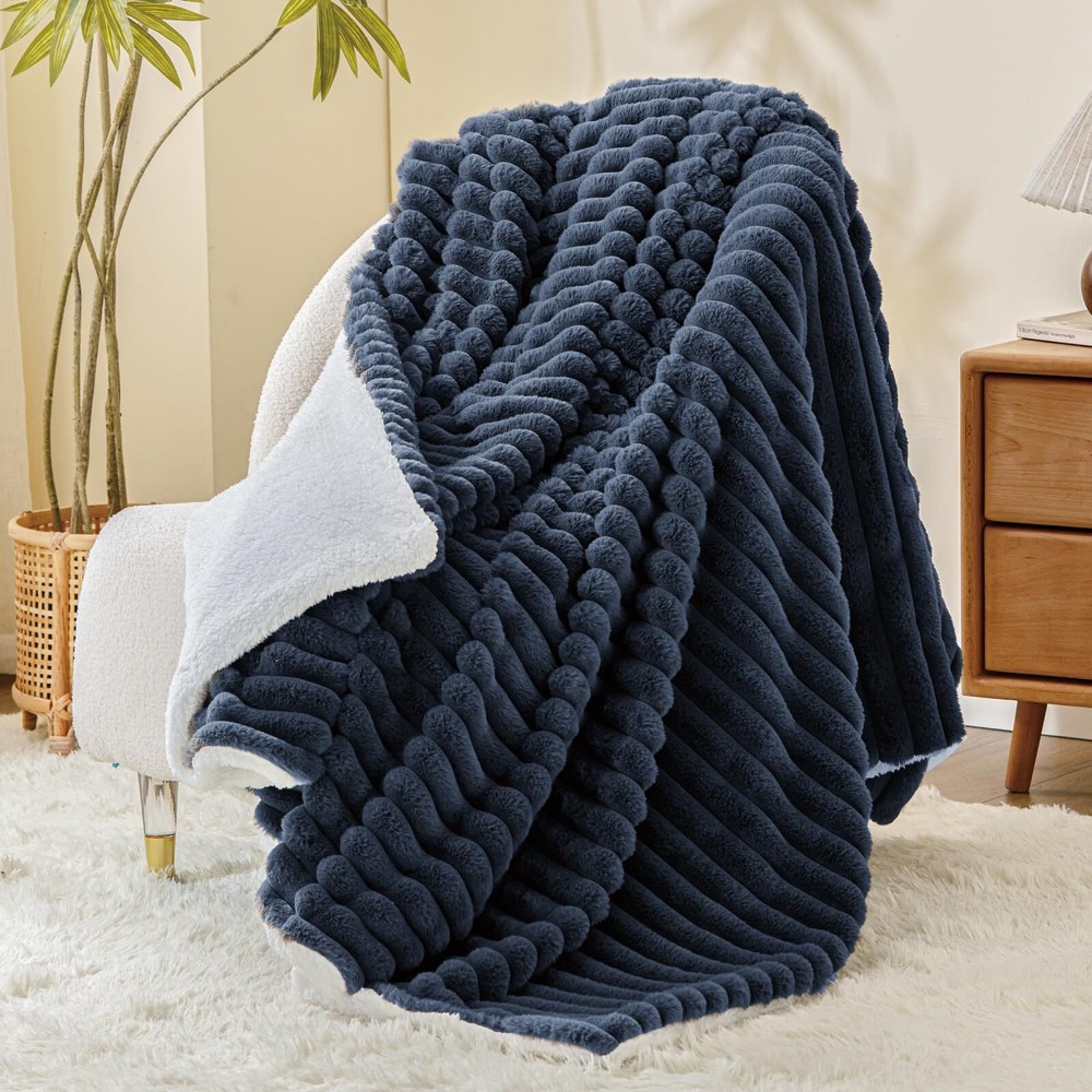 Sherpa Fleece Throw Blanket 60x80 Navy Blue Ultra Soft Plush Warm Cozy