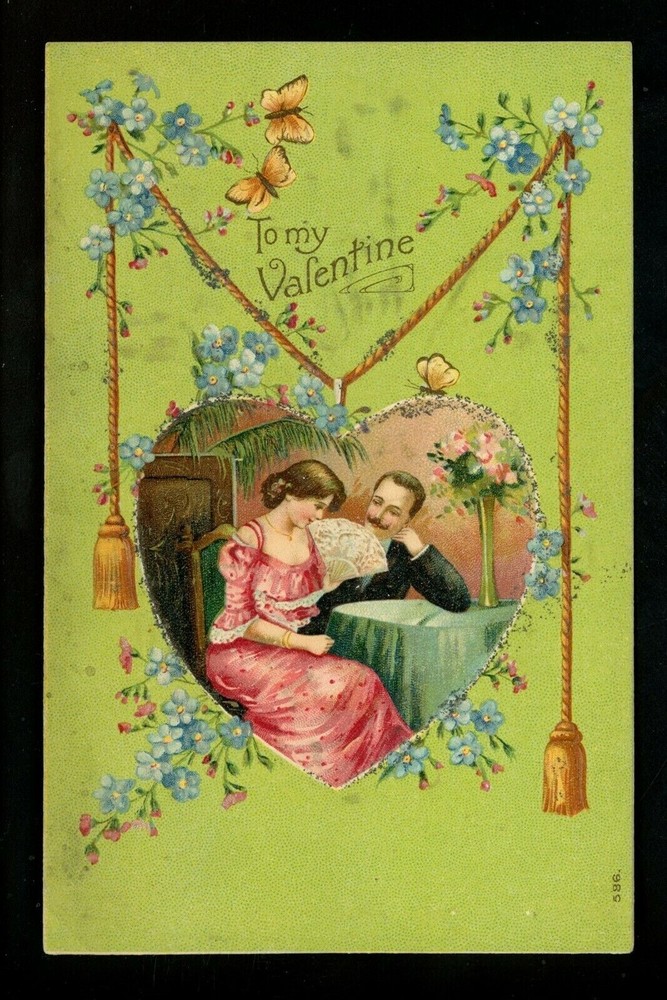 Romantic Valentine's Day embossed postcard with couple, flowers, and butterflies  