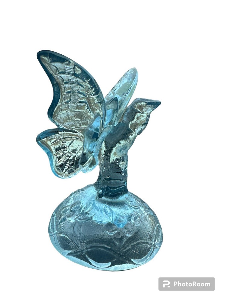 FENTON ART GLASS BLUE IRIDESCENT BUTTERFLY RING HOLDER PAPERWEIGHT