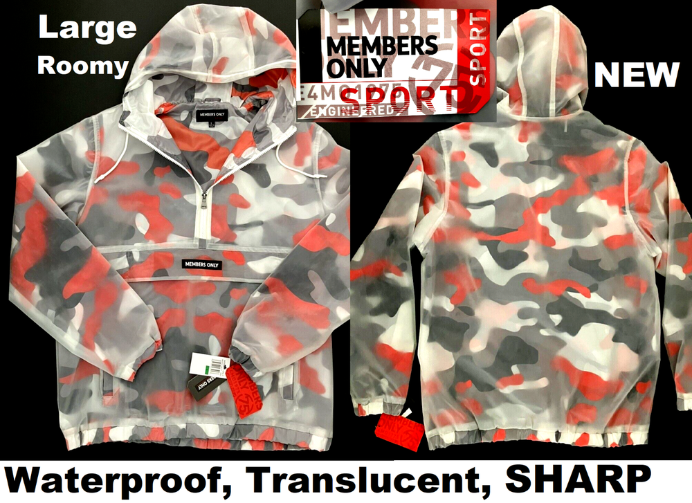 Men's Large Members Only Orange & Black Camo Waterproof Hooded Rain Jacket Lined-image