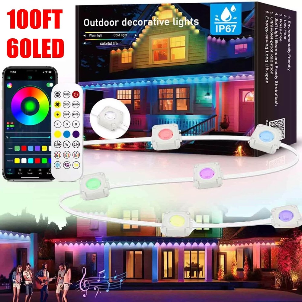 50FT/30LED Permanent Outdoor LED Eaves Light Smart RGB IC Bluetooth APP Control