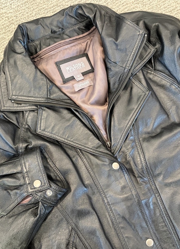 Wilsons Leather Jacket Black Thinsulate Quilted Removable Liner Mens Medium