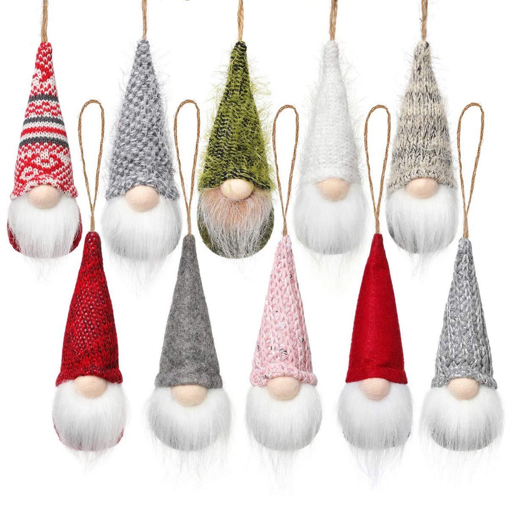 Christmas Tree Hanging Gnomes Ornaments Set of 10, Swedish Handmade Plush Gno...